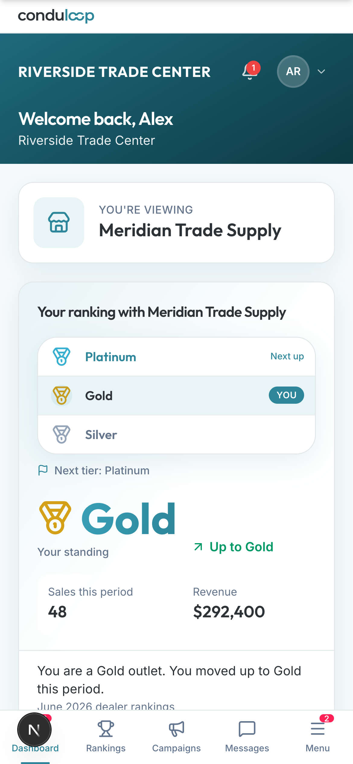 ConduLoop mobile dealer portal showing the dealer's Gold tier, momentum, sales and revenue for the period, and brand filters.